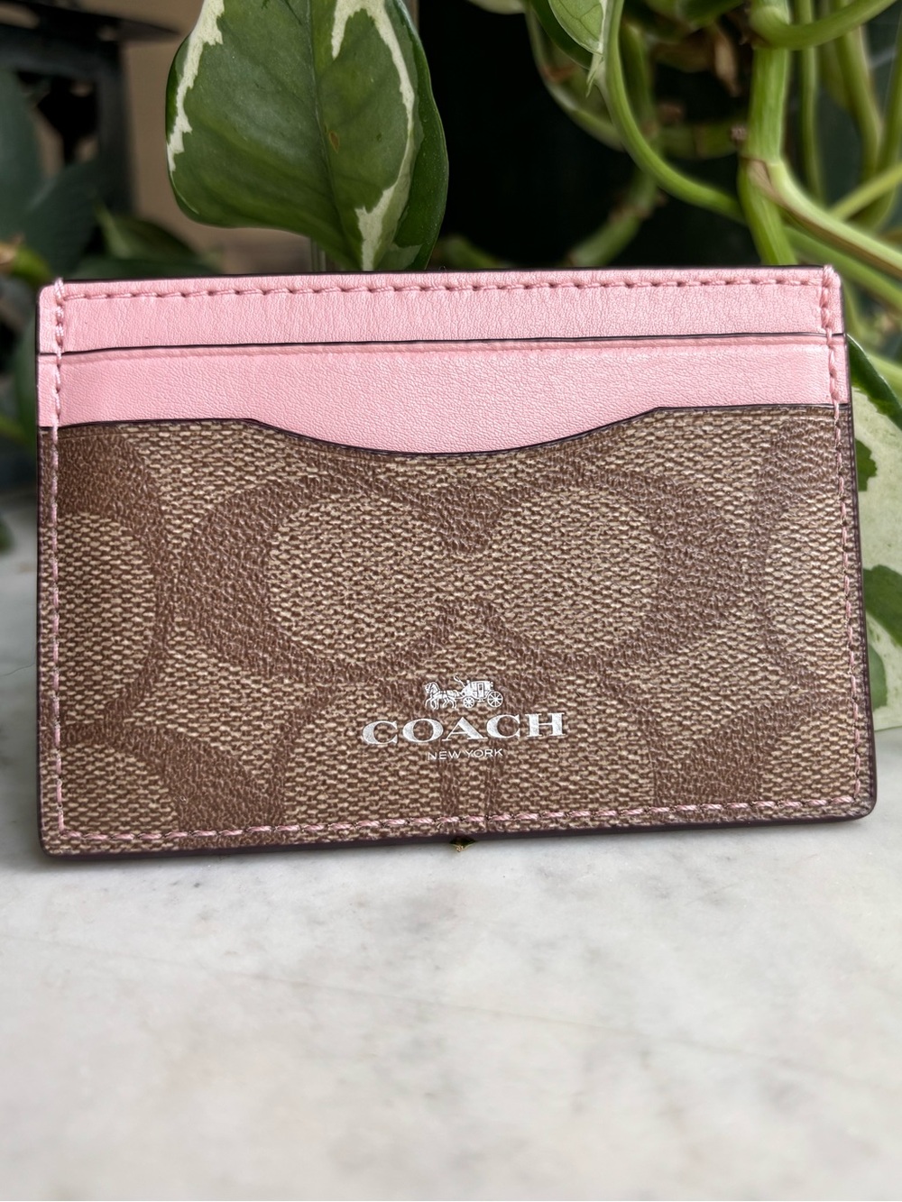 Coach Brown Signature Canvas Card Holder with Pink Trim